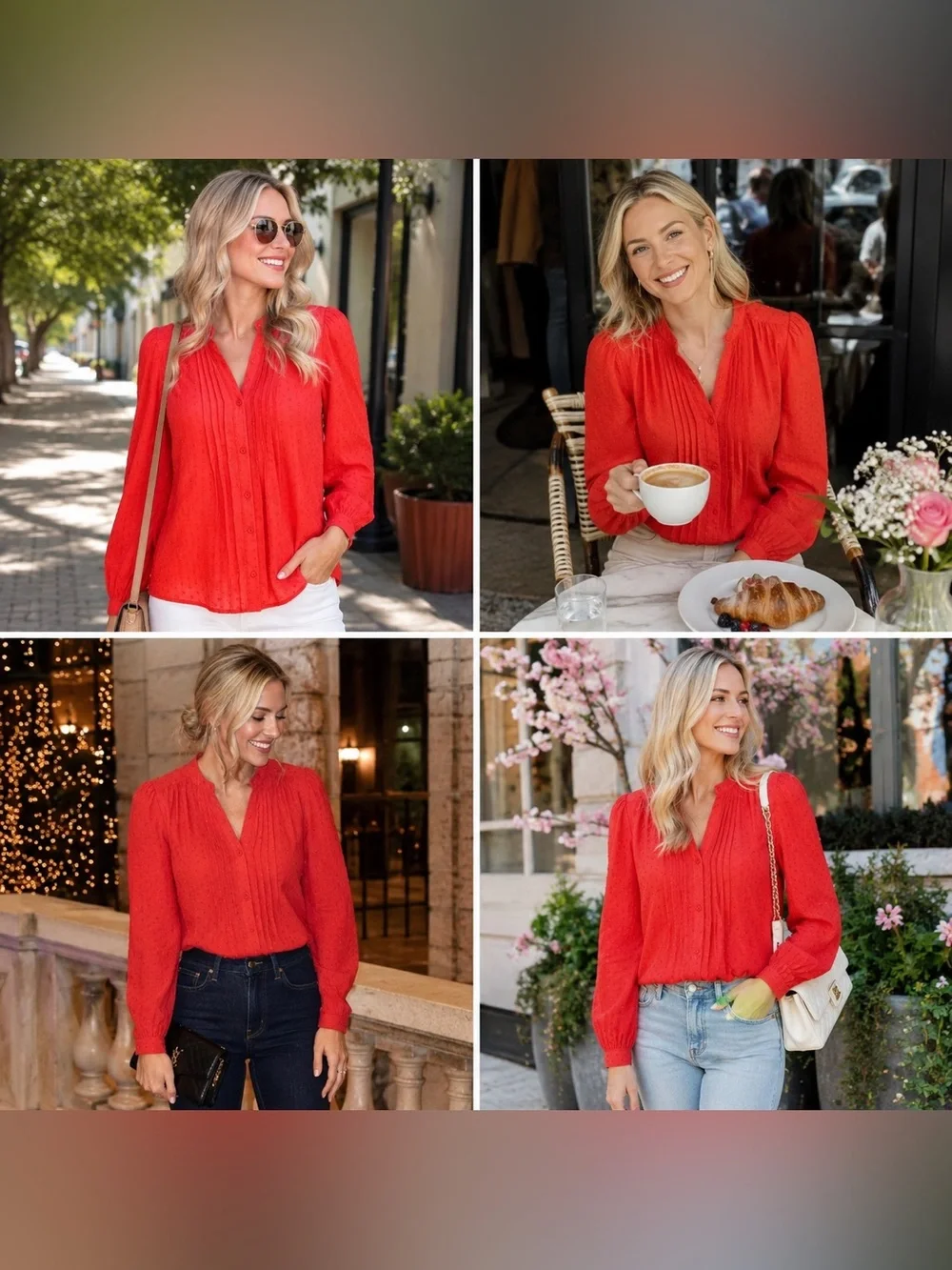 J. Crew Vibrant Red Textured V-Neck Blouse